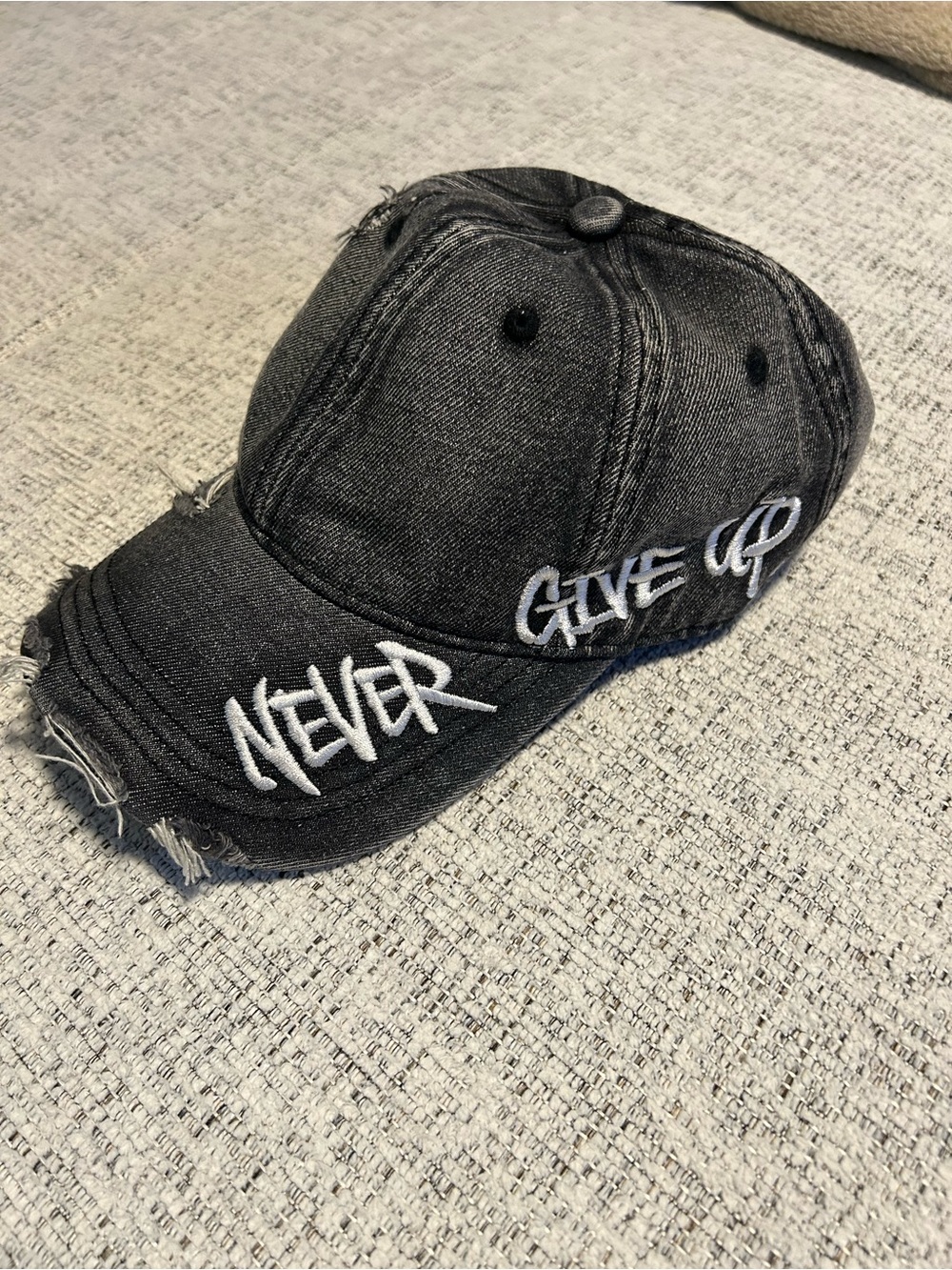 Never Give Up Black Distressed Baseball Cap